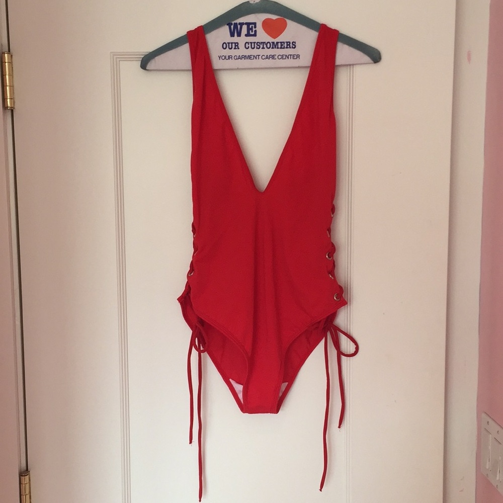 Deep-V Lace Up-Side One Piece Swimsuit